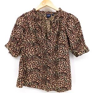 GAP Womens Poplin Ruffled Puff Sleeve‎ Animal Print Shirt Size XS